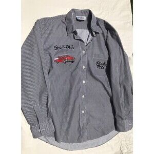 Las Olas Black Check Rock n' Roll Embroidered Pink Cadillac Shirt M Oversized
